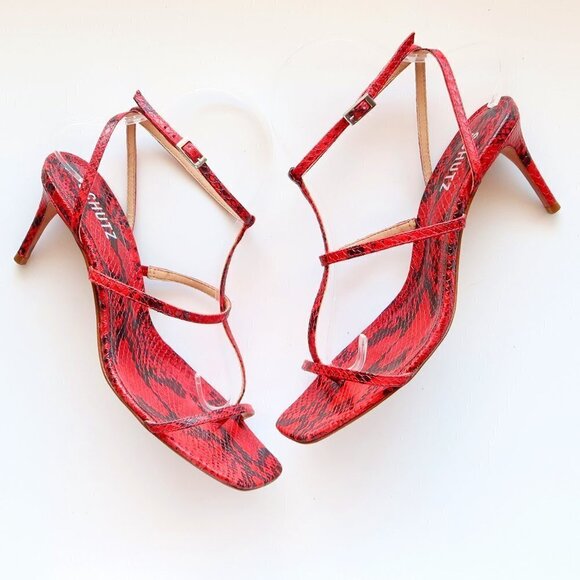 SCHUTZ Red Black Snakeskin Strappy Open Square Toe  Heeled Sandals Summer Shoes - Picture 1 of 16